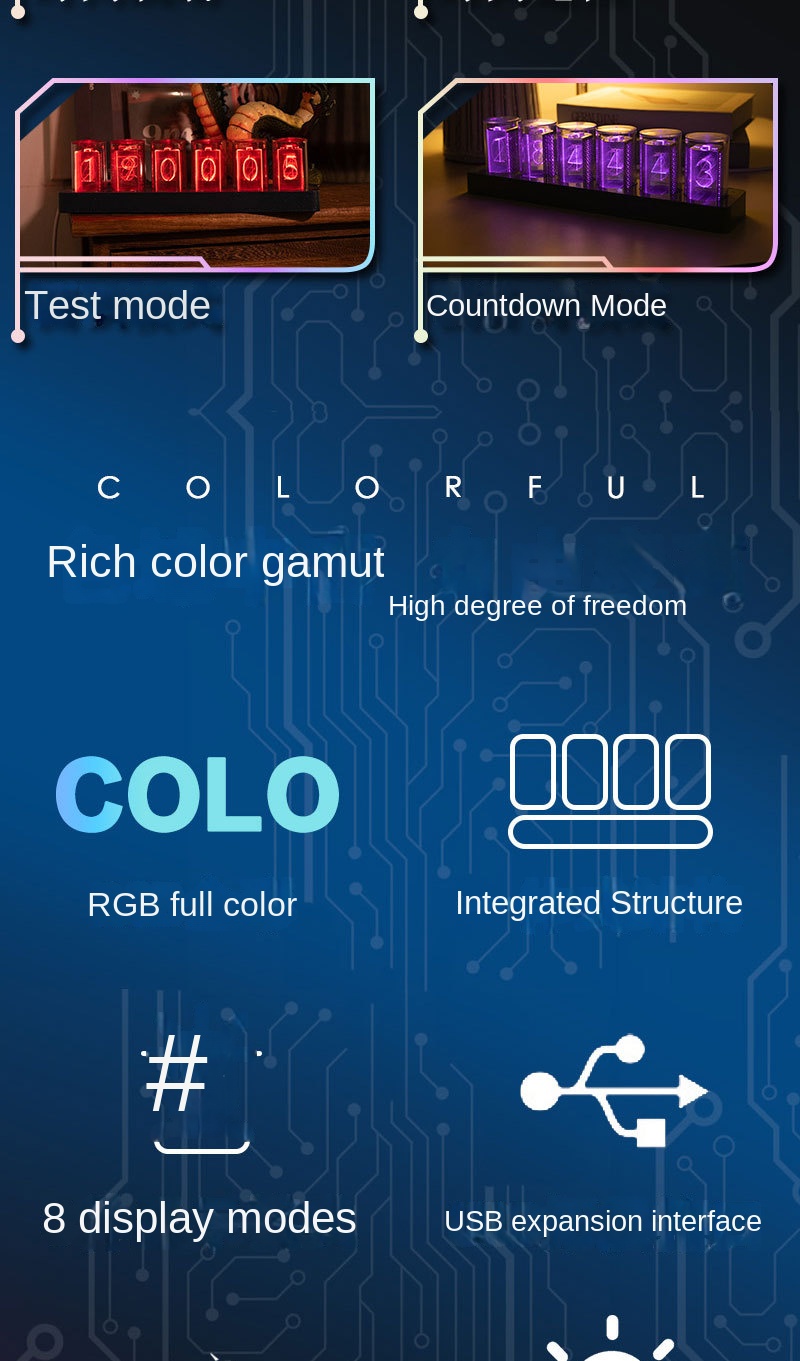 Retro RGB Neon Tube Clock Night Light Mechanical Desk Decor Retro RGB Neon Tube Clock Night Light Mechanical