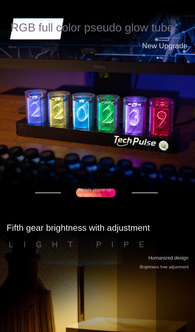 Retro RGB Neon Tube Clock Night Light Mechanical Desk Decor Retro RGB Neon Tube Clock Night Light Mechanical