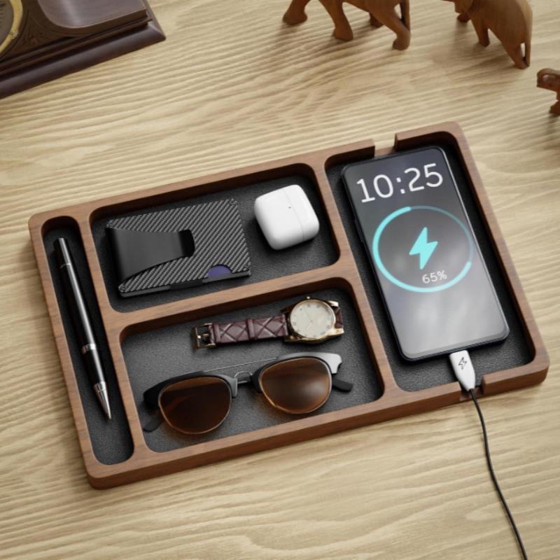 Wooden Desktop Organiser Tray for Phone, Headphones and Glasses Wooden Desktop Organiser Tray for Phone, Headphones
