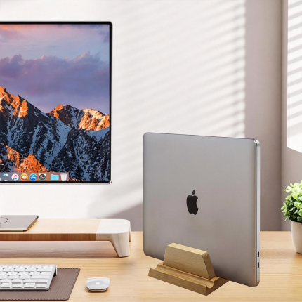 suitable for macbook laptops and mac mini computers, this vertical stand is designed for gaming laptops and features a walnut wood finish.