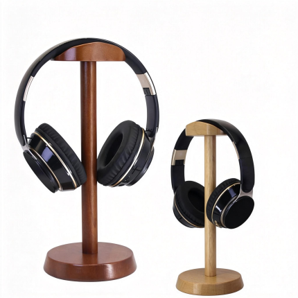 wooden headphone stand for desk display and storage