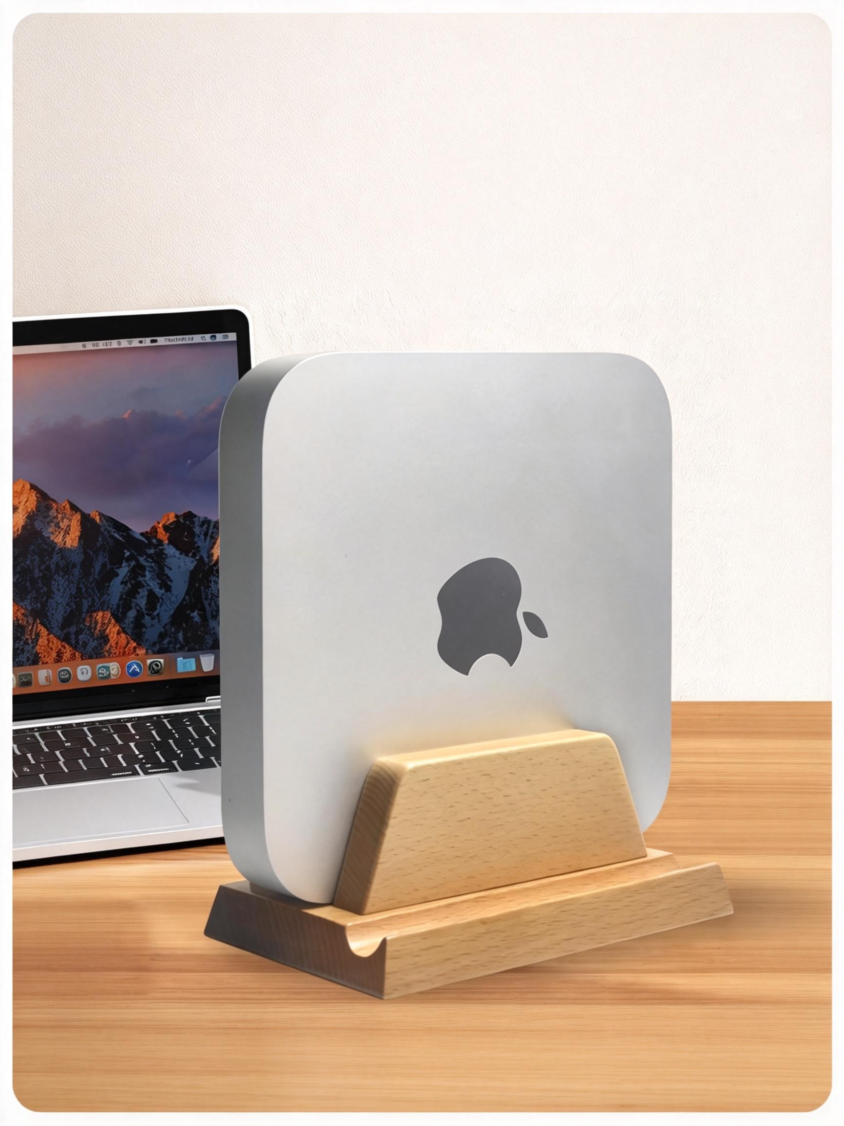 Walnut wood upright support suitable for macbook laptops and mac mini computers, this vertical stand is designed for gaming laptops and features a walnut wood finish.