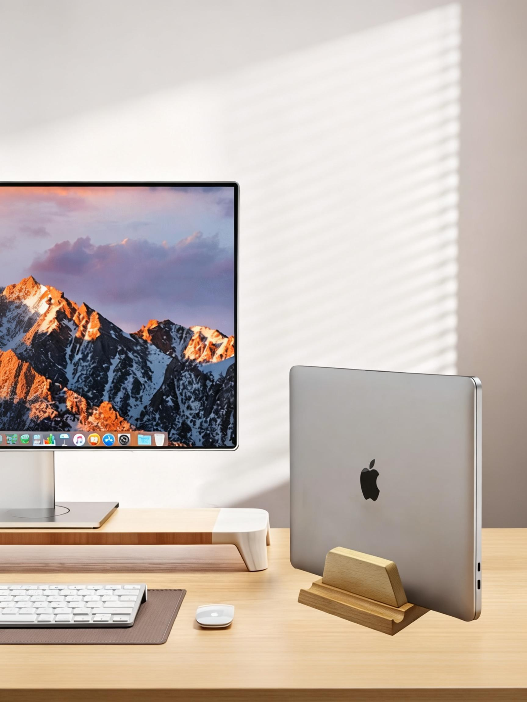 Walnut wood upright support suitable for macbook laptops and mac mini computers, this vertical stand is designed for gaming laptops and features a walnut wood finish.